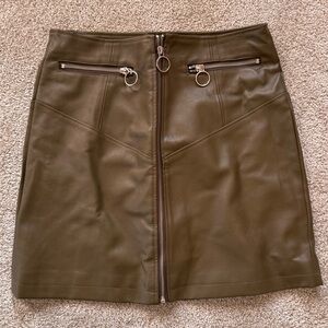 Olive Green Leather Mini Skirt with Zipper Accents